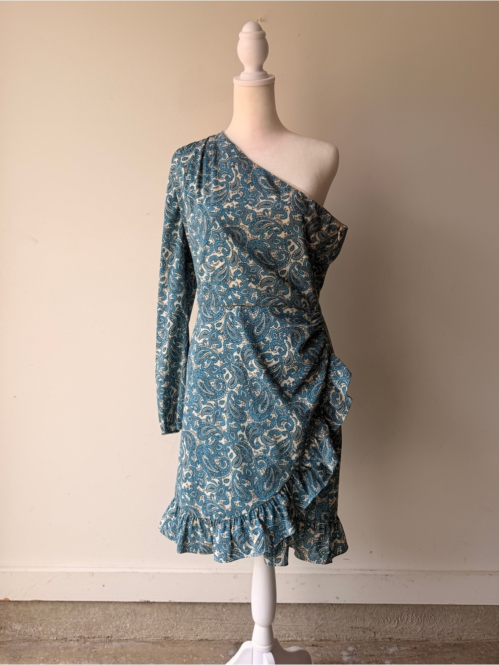 Wayf Teal Paisley One-Shoulder Ruffle Dress